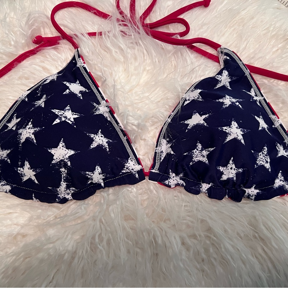 Xhilaration Navy and White Star/Red/White Stripe Reversible Bikini Top